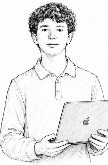 Illustration of Graham holding a laptop